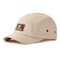 Détail de la casquette camper 5 pans en tissu écossais kaki avec logo en cuir marron - Blanc Cassé