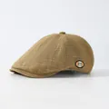 Vintage brown newsboy cap with plaid weave pattern and m-letter badge decoration - Adjustable / Khaki