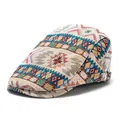 Retro ethnic jacquard beret hat for women featuring adjustable side buckle on white background - Adjustable / Beige