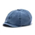 Classic washed cotton octagonal newsboy cap in navy blue with a vintage denim style - One Size / Blue