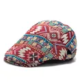 Ethnic style flat cap for women featuring colorful geometric jacquard patterns - Adjustable / Red