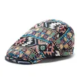Ethnic bohemian style jacquard beret with geometric patterns and metal buckle - Adjustable / Black