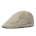 Classic cotton khaki flat cap for men featuring embroidery and adjustable metal buckle - Adjustable / Khaki