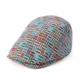 Retro kleurrijke geweven flat cap met geometrisch ruitpatroon van de zijkant gezien - Verstelbaar / Blauw