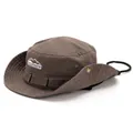 Dark brown tactical outdoor sun hat with wide brim, chin strap, and mountain embroidery - One Size / Coffee