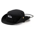 Detail of outdoor sun hat featuring mountain embroidery and adjustable windproof cord - One Size / Black