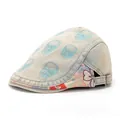 Boina de mezclilla lavada vintage con bordado de calavera y detalles de flores en ala - Ajustable / Azul claro