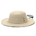 Close-up of quick-dry khaki sun hat with wide brim, ventilation holes and chin strap - One Size / Beige