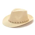 Classic beige straw panama hat with woven rope band and wide brim for sun protection - One Size / Beige