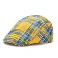 British vintage newsboy cap with classic yellow and blue plaid pattern and washed finish - Adjustable / Orange