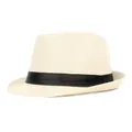 Gros plan détaillé d'un chapeau fedora en lin crème avec un ruban décoratif noir classique - Taille unique / Beige