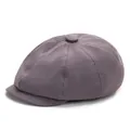 Detail view of the gray-purple newsboy cap crown showing cotton twill fabric and top button - Gray
