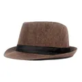 Détail d'un chapeau classique en lin marron avec texture tissée et ruban noir élégant - Taille unique / Café