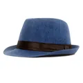Chapeau Fedora classique en lin bleu avec ruban de satin noir pour homme et femme soleil - Taille unique / Bleu marine