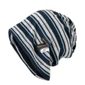 Gorro de punto a rayas azules para mujer estilo informal con parche de cuero suave - Talla única / Azul