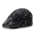 Vintage corduroy newsboy cap in distressed black gray with adjustable metal buckle - Adjustable / Black