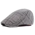 Classic cotton plaid beret flat cap with grey checkered pattern and red lining - Adjustable / Light Gray