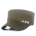 Classic army green flat top cap with metallic rivet details for a military look - Adjustable / Army Green