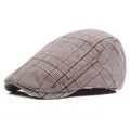 Classic plaid cotton flat cap in brown grey British style for sun protection - Adjustable / Light Coffee