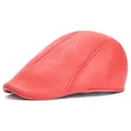 Classic bright red leather flat cap with warm lining and premium stitching detail - One Size / Red