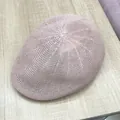 Breathable pale pink knitted beret mesh ivy cap for women on a wooden background - One Size (58) / Pink