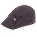 Close-up of brown flat cap showing embroidery and adjustable metal buckle strap - Adjustable / Gray