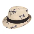 Beige straw fedora hat with blue coconut tree print and black ribbon for summer beach - Adult 58cm / Beige