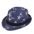 Navy blue straw fedora hat with white palm tree prints and black ribbon band - Adult 58cm / Navy Blue