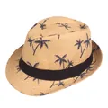 Summer straw fedora hat for parents and kids with tropical blue palm tree prints - Adult 58cm / Khaki