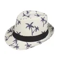 Cream summer straw fedora hat featuring navy blue coconut tree prints and black ribbon band - Adult 58cm / White
