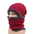 Winter wine red knit beanie and scarf set with thick grey fleece lining for warmth - One Size Stretchy / Red