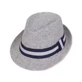 Classic straw fedora hat for men featuring white woven texture and striped band detail - One Size / Blue