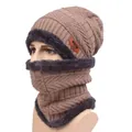 Men's winter fleece-lined knitted beanie hat and neck warmer scarf set in brown. - One Size Stretchy / Khaki