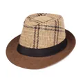 Cappello fedora da uomo in paglia a quadretti con tesa marrone e nastro nero - Taglia unica / Caffè
