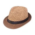 Classic summer straw fedora hat featuring a checkered pattern and black ribbon band - M(56-58cm) / Coffee
