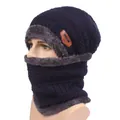 Navy blue knitted beanie and neck warmer set with warm grey fleece lining and leather tag - One Size Stretchy / Navy Blue