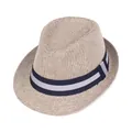 Straw fedora hat with blue and white striped band for summer sun protection - One Size / Khaki