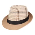 Cappello fedora in paglia a quadri beige e bianco con nastro nero e tesa marrone - Taglia unica / Kaki