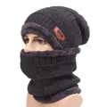 Dark grey knitted beanie hat and neck warmer set with thick fleece lining for winter warmth - One Size Stretchy / Gray