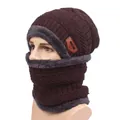 Coffee brown knit hat and scarf set with thick grey plush lining for men winter - One Size Stretchy / Coffee