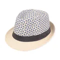 Straw fedora hat with beige and blue geometric weave and black decorative band - M(56-58cm) / Beige