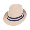 Classic beige straw fedora hat with a striped blue ribbon band for men's summer style - One Size / Beige
