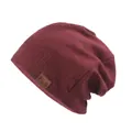Slouchy burgundy knit beanie for men and women with F&S leather patch detail - One Size / Burgundy