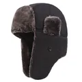 Detail of winter trapper hat with thick faux fur lining and windproof black fabric - One Size / Black