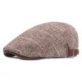 Klassieke bruine visgraat flat cap voor heren met oranje ruitpatroon en metalen gesp - Verstelbaar / Khaki