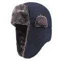Winter trapper hat in navy blue with grey faux fur lining and windproof fabric - One Size / Navy Blue