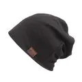 Dark brown ribbed knit beanie with leather F & S logo patch on a plain white background - One Size / Black