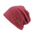 Winter rib-knit beanie in deep red with retro leather fashion patch and metal detail - One Size / Red