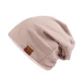 Pink knit beanie hat for women with a stylish F&S brown leather patch detail - One Size / Khaki