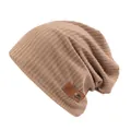 Men's light coffee slouchy beanie hat in soft knit fabric with leather patch - One Size / Khaki